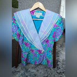 Vintage maggie boutique Floral Multicolor topwith Unique Collar sz 4 EUC